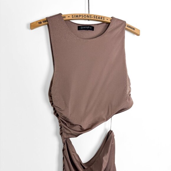 Dynamite Brown Cut Out Ruched Bodycon Shiny Midi Dress Size Small - Picture 3 of 5